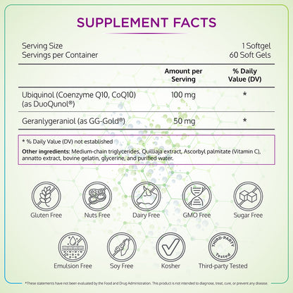 BioQunol | Suplemento de ubiquinol (CoQ10) con geranilgeraniol (GG) y vitamina C | 150 mg 60 cápsulas blandas